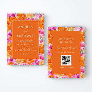 Rosa und Orange Lebhafter Garten QR Code Weddi Einladung