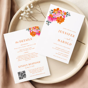Rosa und orange leuchtende florale Hochzeit & Deta Einladung