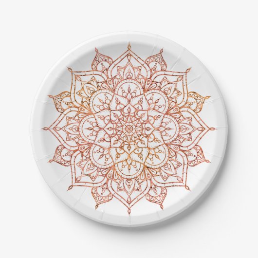 Rosa und Orange Mandala auf weißem Glam Pappteller (Vorderseite)