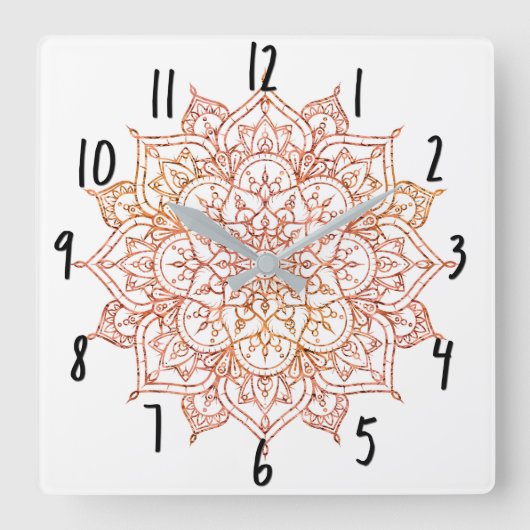 Rosa und Orange Mandala auf weißem Glam Quadratische Wanduhr (Vorderseite)
