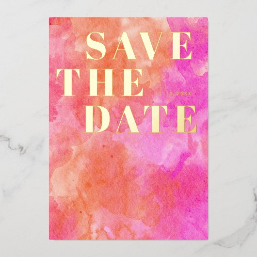 Rosa und orange moderne Hochzeit retten das Datum Folieneinladung (Vorderseite)