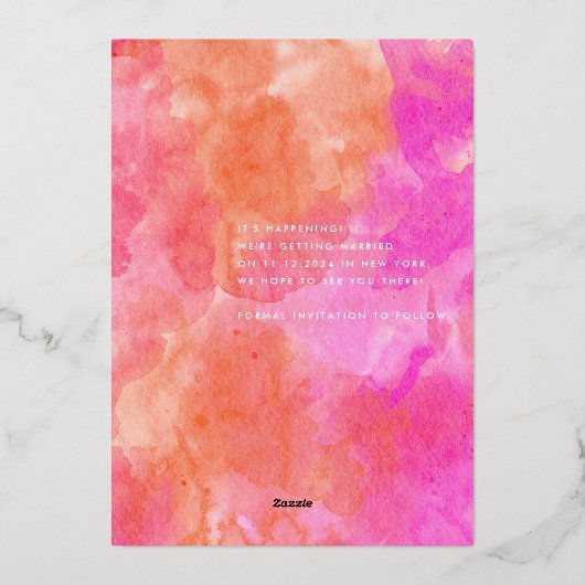 Rosa und orange moderne Hochzeit retten das Datum Folieneinladung (Rückseite)