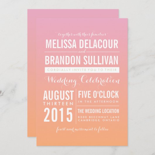 Rosa und orange Ombre Gradient Hochzeitseinladunge Einladung (Vorne/Hinten)