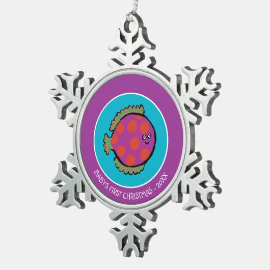 Rosa und Orange Polka-Dot Fisch Schneeflocken Zinn-Ornament (Rechts)