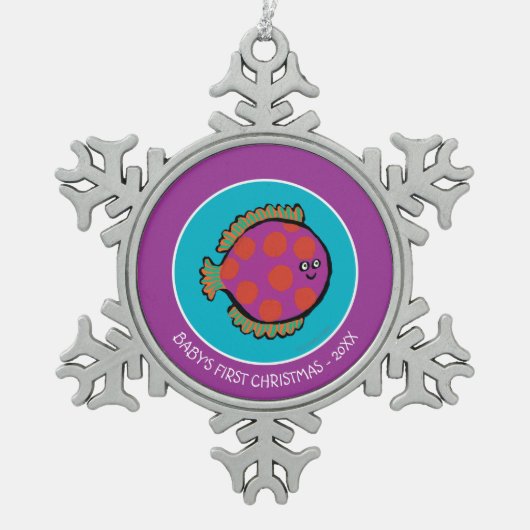 Rosa und Orange Polka-Dot Fisch Schneeflocken Zinn-Ornament (Vorderseite)