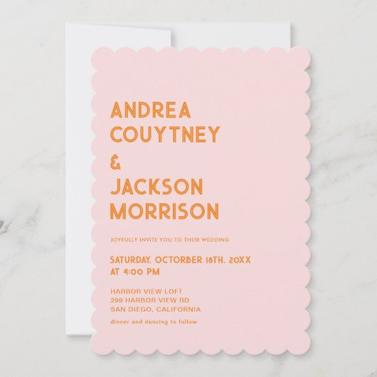 Rosa und Orange Retro Boho Hochzeit Einladung (Vorderseite)