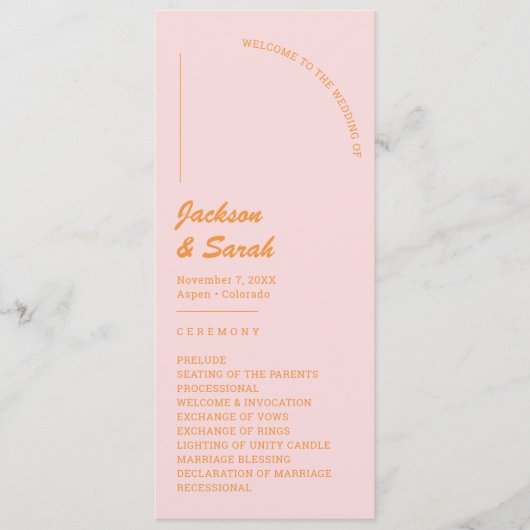 Rosa und orange Retro Disco Hochzeit Programm (Vorderseite)