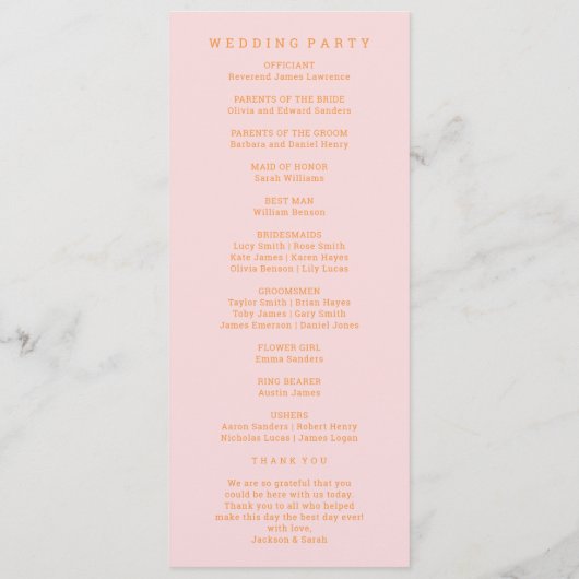 Rosa und orange Retro Disco Hochzeit Programm (Rückseite)