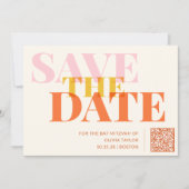 Rosa und orange Retro Modernes Bat Mitzvah QR Code Save The Date (Vorderseite)