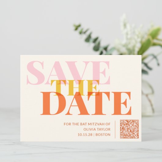 Rosa und orange Retro Modernes Bat Mitzvah QR Code Save The Date (Stehend Vorderseite)
