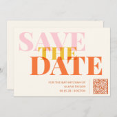 Rosa und orange Retro Modernes Bat Mitzvah QR Code Save The Date (Vorne/Hinten)