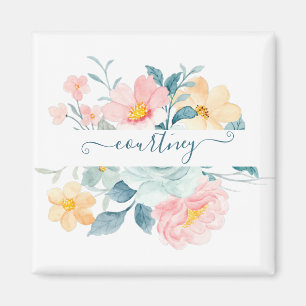 Rosa und orange Wasserfarbe floral personalisiert Magnet