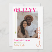 Rosa und orangefarbene Arrow Typografie Foto Save  The Date (Vorderseite)