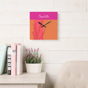 Rosa und orangefarbene Blätter Personalisiert Quadratische Wanduhr