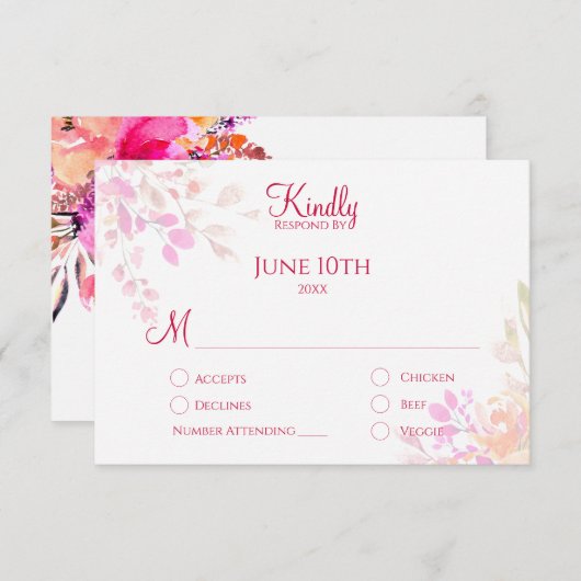 Rosa und orangefarbene Blume Elegante Hochzeit RSVP Karte (Vorne/Hinten)