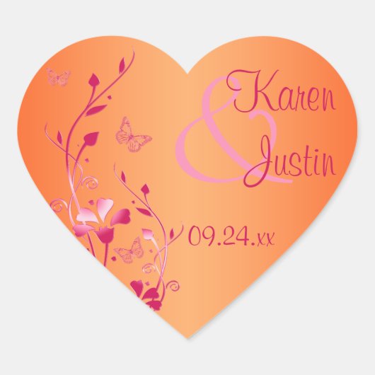 Rosa und orangefarbene Blumenaufkleber Herz-Aufkleber (Vorderseite)