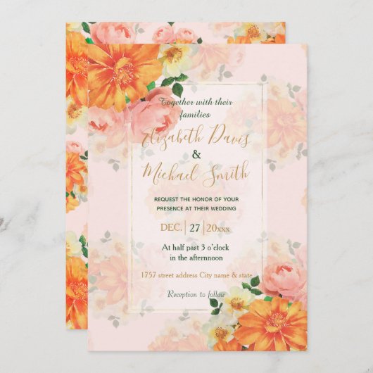 Rosa und orangefarbene Blumenmuster Einladung (Vorne/Hinten)