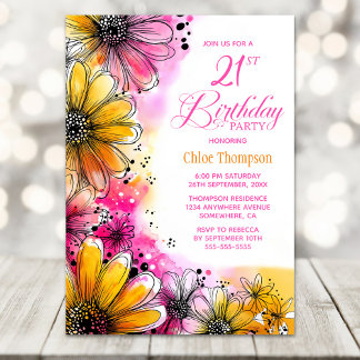 Rosa und orangefarbene Blüte 21. Geburtstag Party Einladung