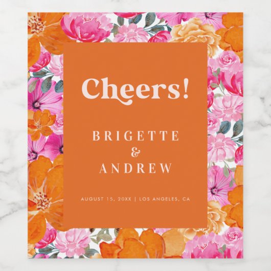 Rosa und orangefarbene Blütenbläser jubeln Hochzei Weinetikett (Einzelnes Label)