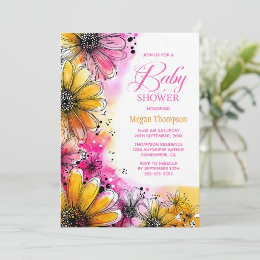 Rosa und orangefarbene Blütendusche Einladung (Stehend Vorderseite)