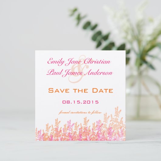 Rosa und orangefarbene Blütenhochzeit Sichern Sie Save The Date (Stehend Vorderseite)