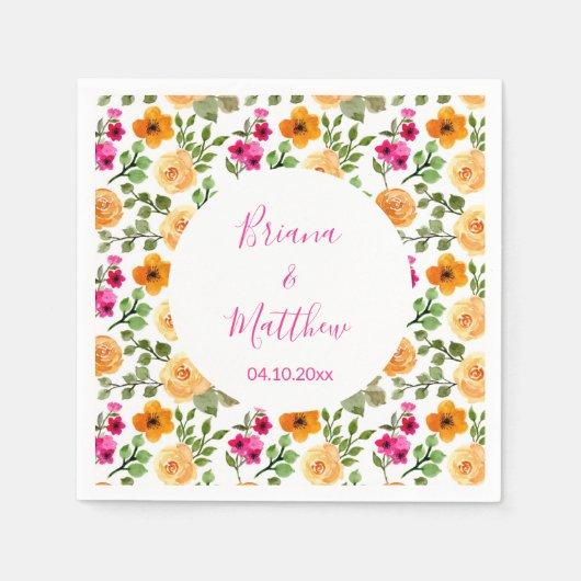 Rosa und orangefarbene Blütenschrift Serviette (Vorderseite)