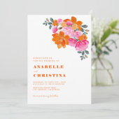 Rosa und orangefarbene, florale Hochzeit Einladung (Stehend Vorderseite)