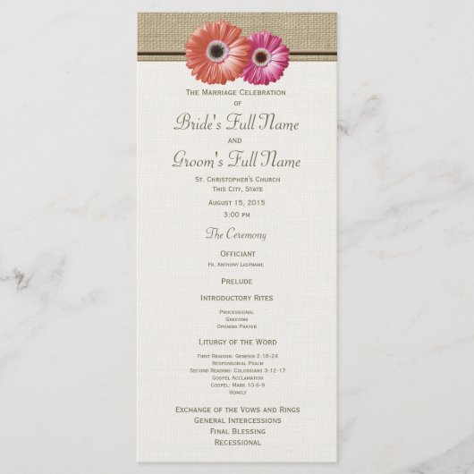 Rosa und orangefarbene Gerbera-Daisy-Hochzeitsprog Programm (Vorderseite)