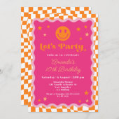 Rosa und orangefarbene glückliche Gesichter Scheck Einladung (Vorne/Hinten)