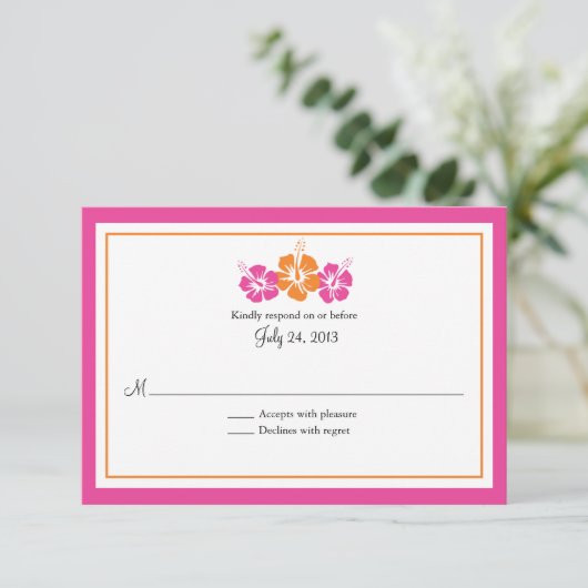 Rosa und orangefarbene Hibiskus-Blume Hochzeitssze RSVP Karte (Stehend Vorderseite)