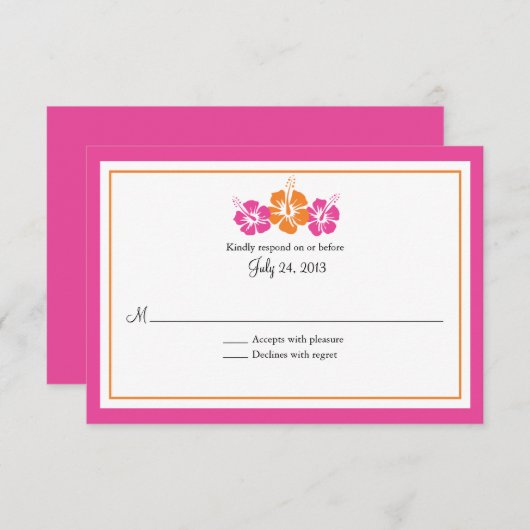 Rosa und orangefarbene Hibiskus-Blume Hochzeitssze RSVP Karte (Vorne/Hinten)