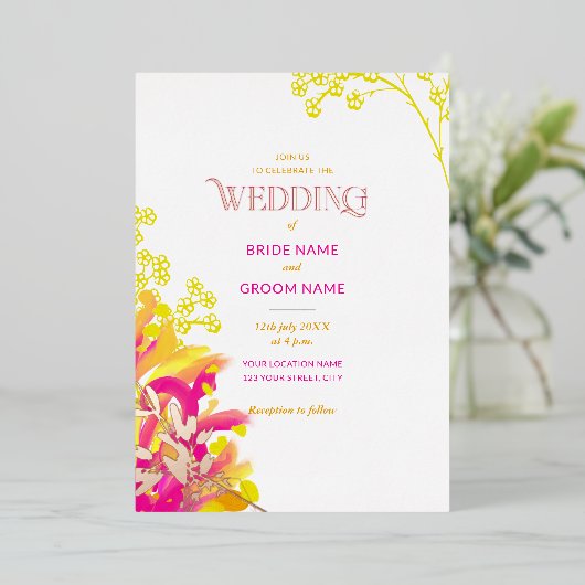 Rosa- und Orangefarbene Hochzeit Folieneinladung (Stehend vorne)