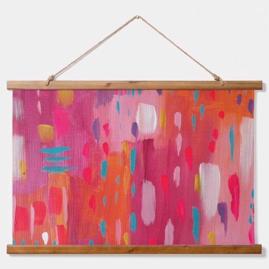 Rosa und orangefarbene Pinselstriche Abstrakt Wandteppich Mit Holzrahmen (Vorne)