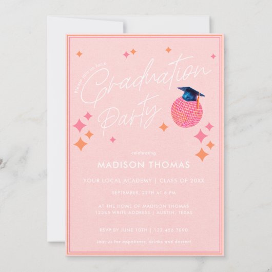Rosa und orangefarbene Retro Disco Ball Graduation Einladung (Rückseite)