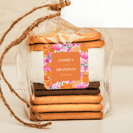 Rosa und orangefarbene Sommerblumenhochzeit Quadratischer Aufkleber