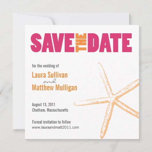 Rosa und orangefarbene Sternfische Hochzeit Sicher Save The Date (Vorderseite)