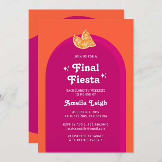 Rosa und orangefarbene Sunset Final Fiesta Bachelo Einladung (Vorne/Hinten)