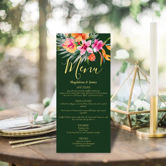 Rosa und orangefarbene tropische Floralfarben auf  Menükarte
