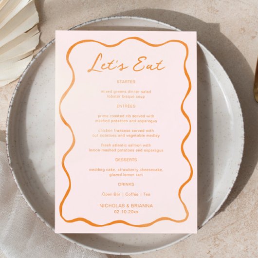 Rosa und orangefarbene Wave Wedding Menükarte