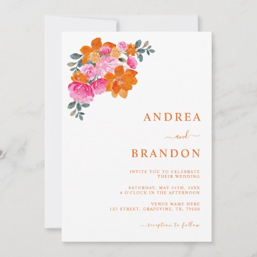 Rosa und orangefarbener QR-Code Hochzeit Einladung (Vorderseite)