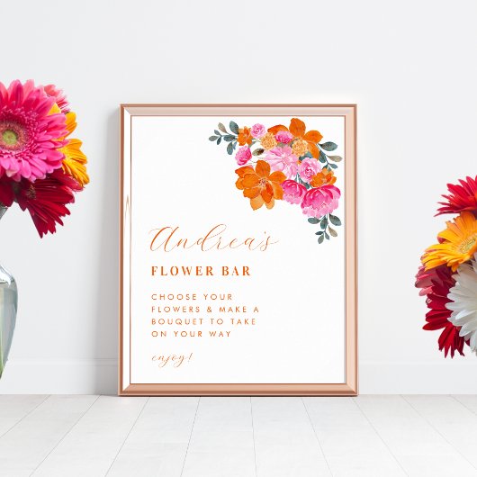 Rosa und orangefarbenes Brautparty Blume Bar Zeich Poster