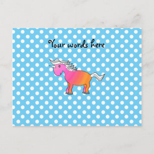 Rosa und orangefarbenes Einhorn auf blauen Polka-P Postkarte