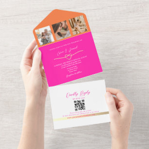 Rosa und orangefarbenes Foto Hochzeitcode QR All In One Einladung