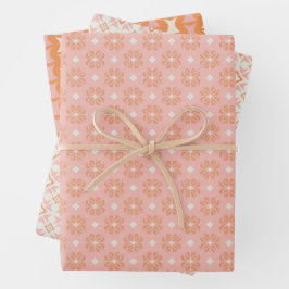Rosa und orangefarbenes Set aus Blumenpapier Geschenkpapier Set