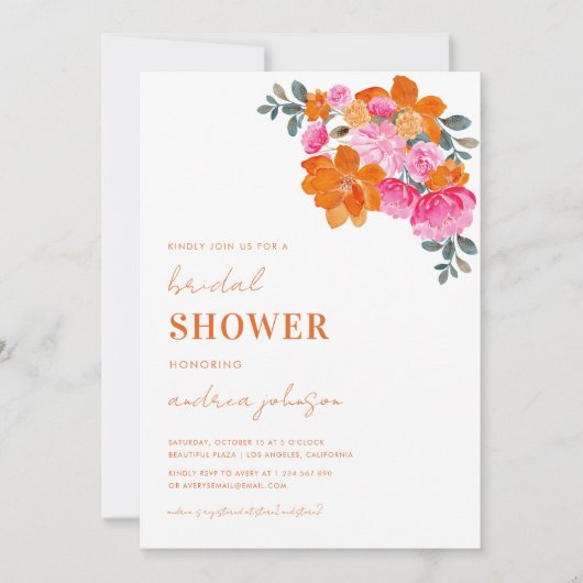 Rosa und orangefarbenes Sommergarten Brautparty Einladung (Vorderseite)