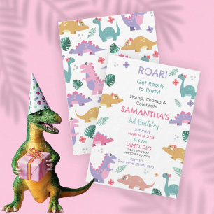 Rosa und Pastell-Farben Mädchen Dinosaurier-Geburt Einladung