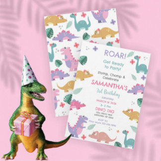 Rosa und Pastell-Farben Mädchen Dinosaurier-Geburt Einladung