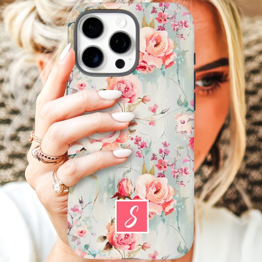 Rosa und Pfirsich Aquarell Blumenmonogramm Case-Mate iPhone Hülle