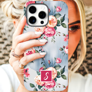 Rosa und Pfirsich-Monogramm-Blumenmuster iPhone 16 Pro Max Hülle
