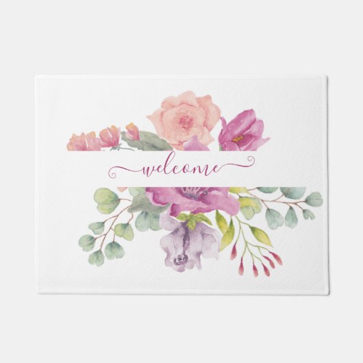 Rosa und pfirsiche Aquarellblumen personalisiert Fußmatte (Vorderseite)